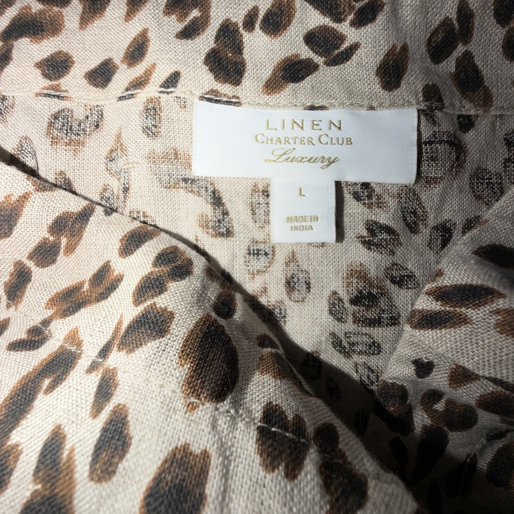 Charter Club Woman's Linen Boat Neck Blouse Size L Leopard Print 3/4 Tie Sleeve - Picture 3 of 5